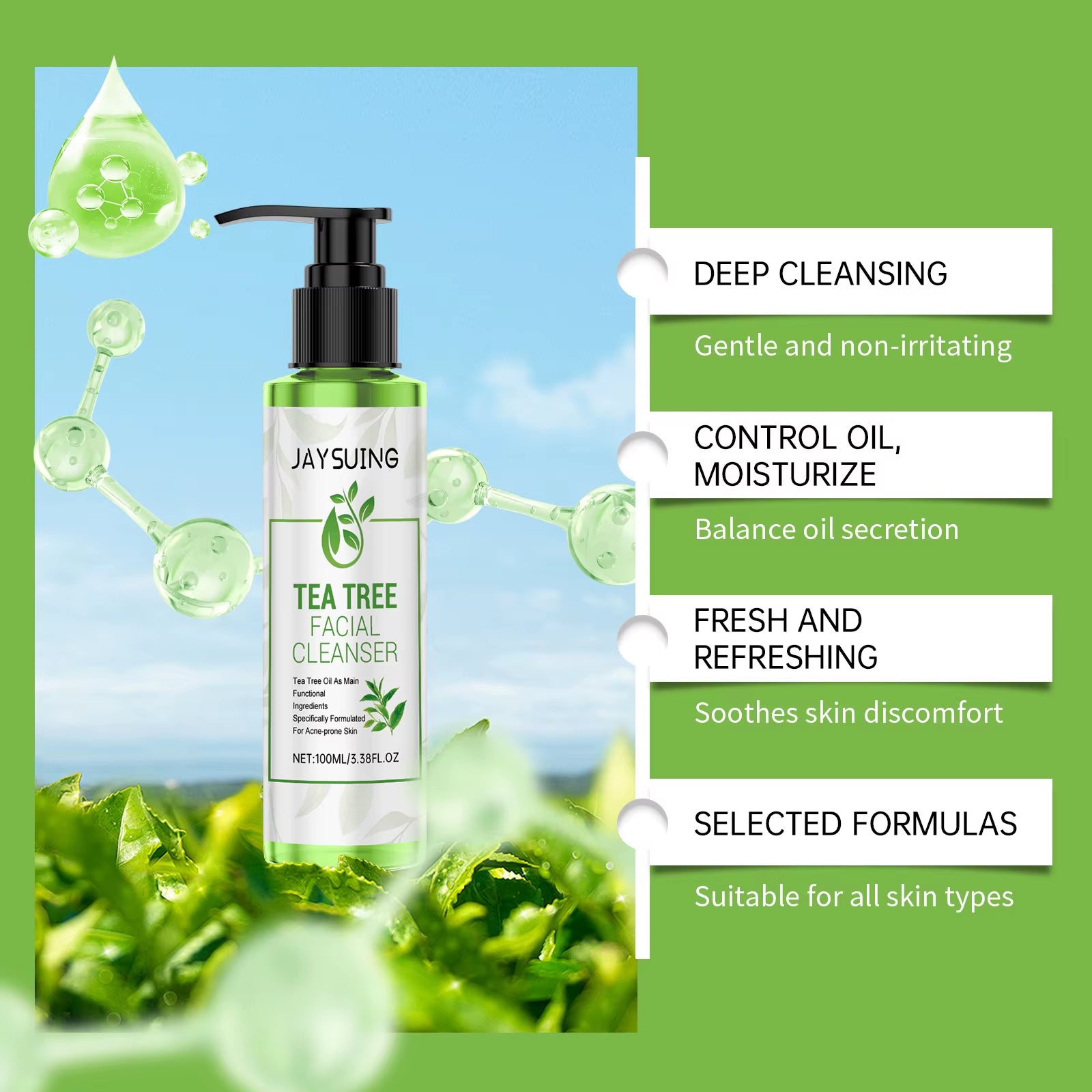 Tea Tree Facial Cleanser Acne Treatment Blackhead Removal Shrink Pore Exfoliating Cleaning Moisturize Oil Control Face Wash Gel