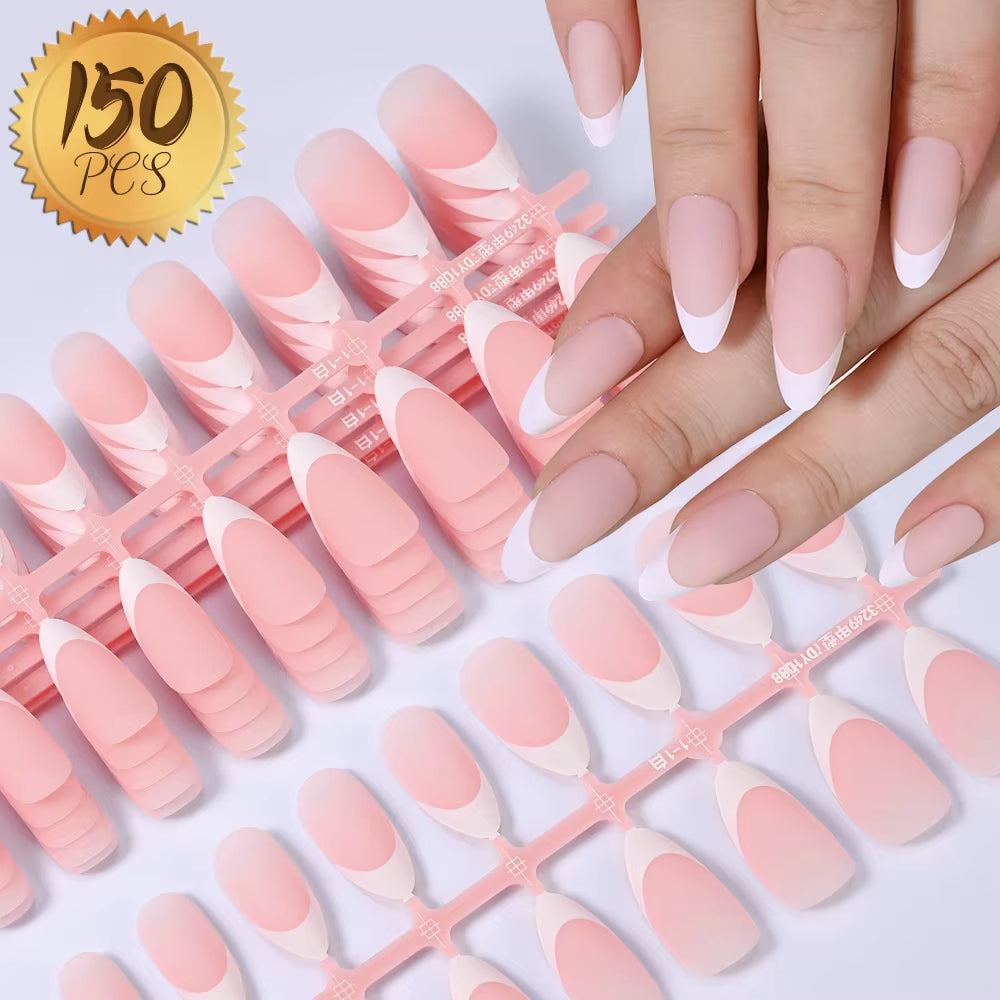 150Pcs Nude Pink Fake Nails Need Adhesive Glue Glitter Press on Nails Women Wearable Nail Art Stickers Full Finished False Nail