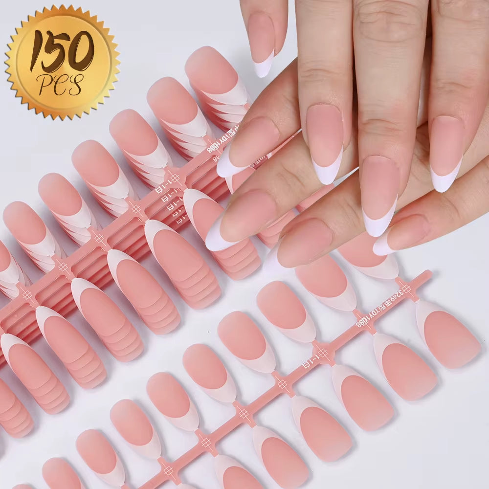 150Pcs Nude Pink Fake Nails Need Adhesive Glue Glitter Press on Nails Women Wearable Nail Art Stickers Full Finished False Nail