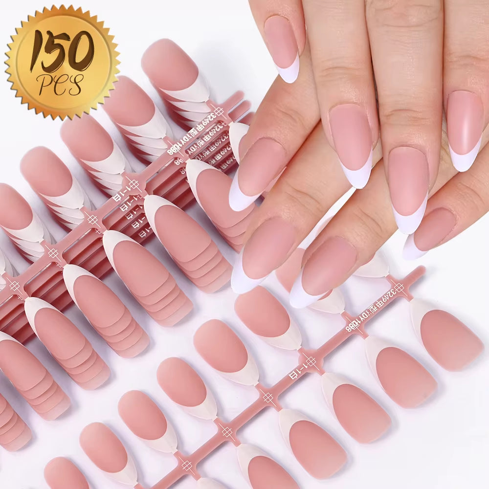 150Pcs Nude Pink Fake Nails Need Adhesive Glue Glitter Press on Nails Women Wearable Nail Art Stickers Full Finished False Nail