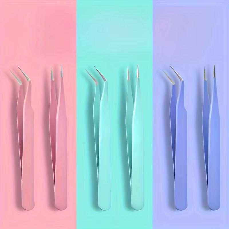 2Pcs Stainless Steel Precision Tweezers, Color Scrapbook Tweezers, Straight and Curved Head Tweezers, P-Ink/Green/Purple